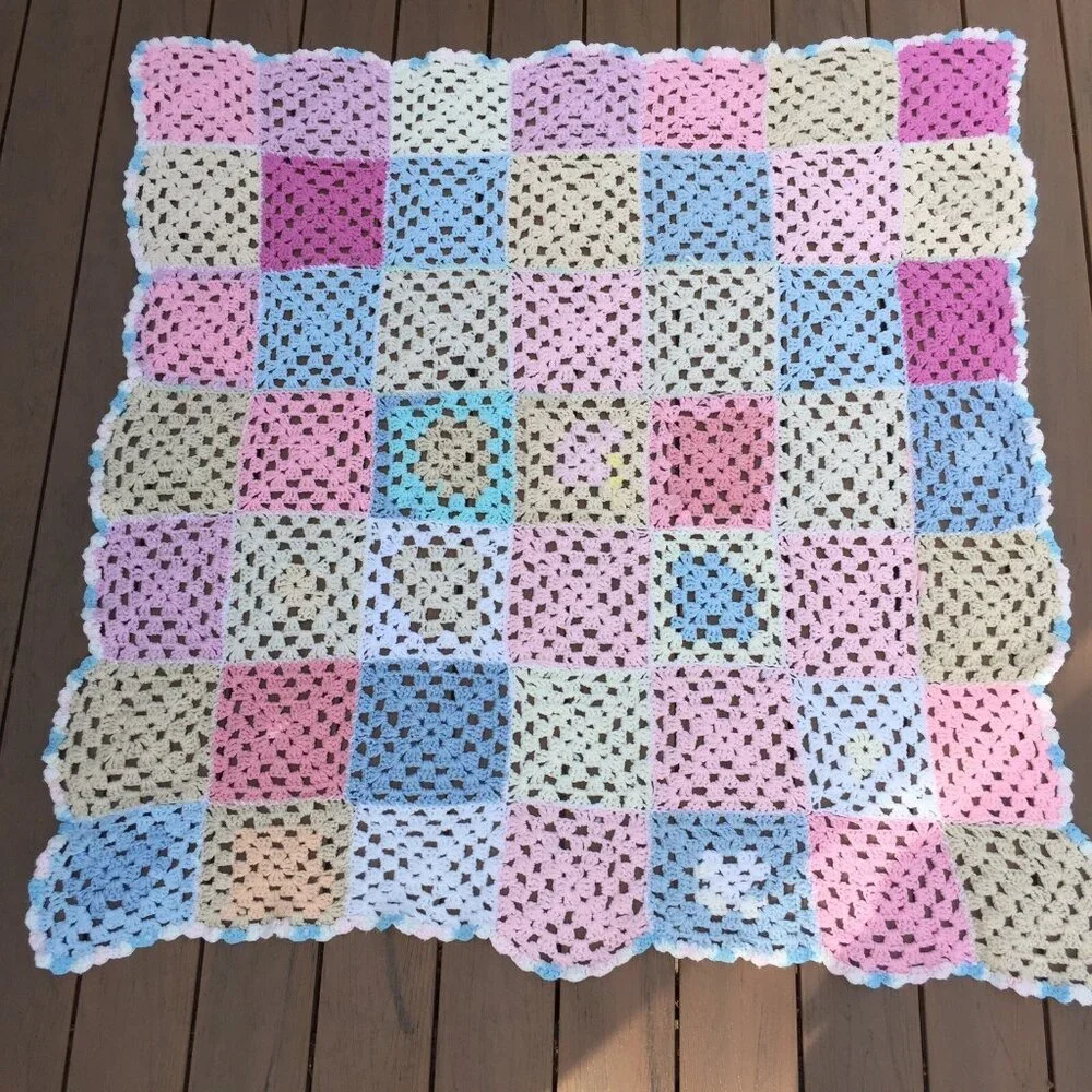 Crochet Knit Afghan Throw Blanket Granny Square Pastels Baby Pink Blue Sofa Cozy